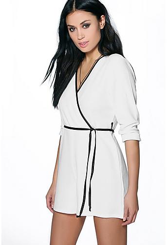 Lola Leather Look Trim Wrap Belted Playsuit