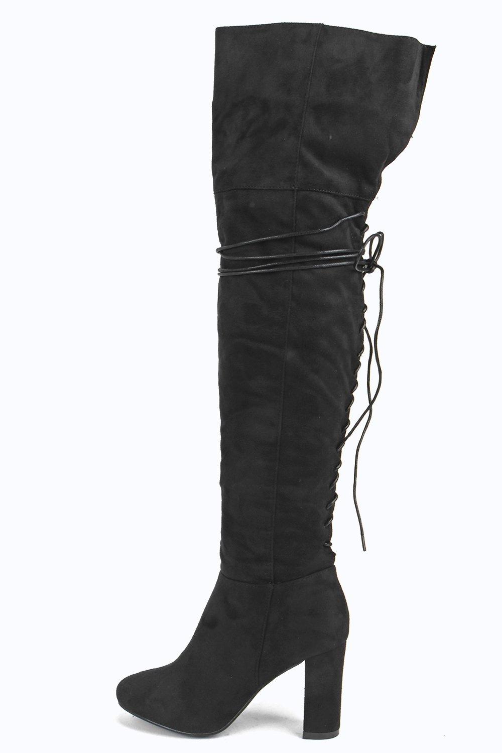 tie back over knee block heeled boots