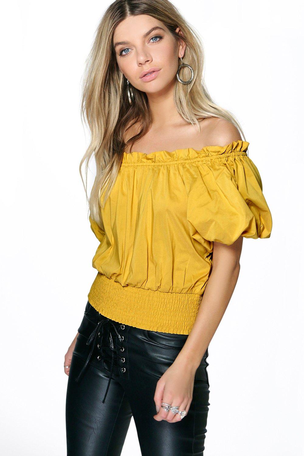 Boohoo Womens Aimee Ruched Sleeve Crop Woven Off The Shoulder Top Ebay