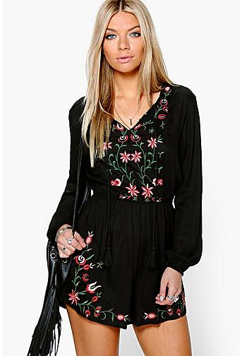 Bet Embroidered Full Sleeve Smock Playsuit