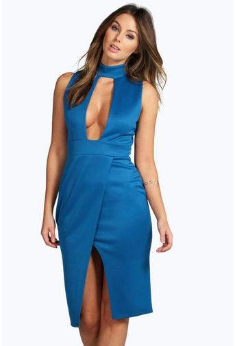 Paula High Neck Cut Out Wrap Midi Dress