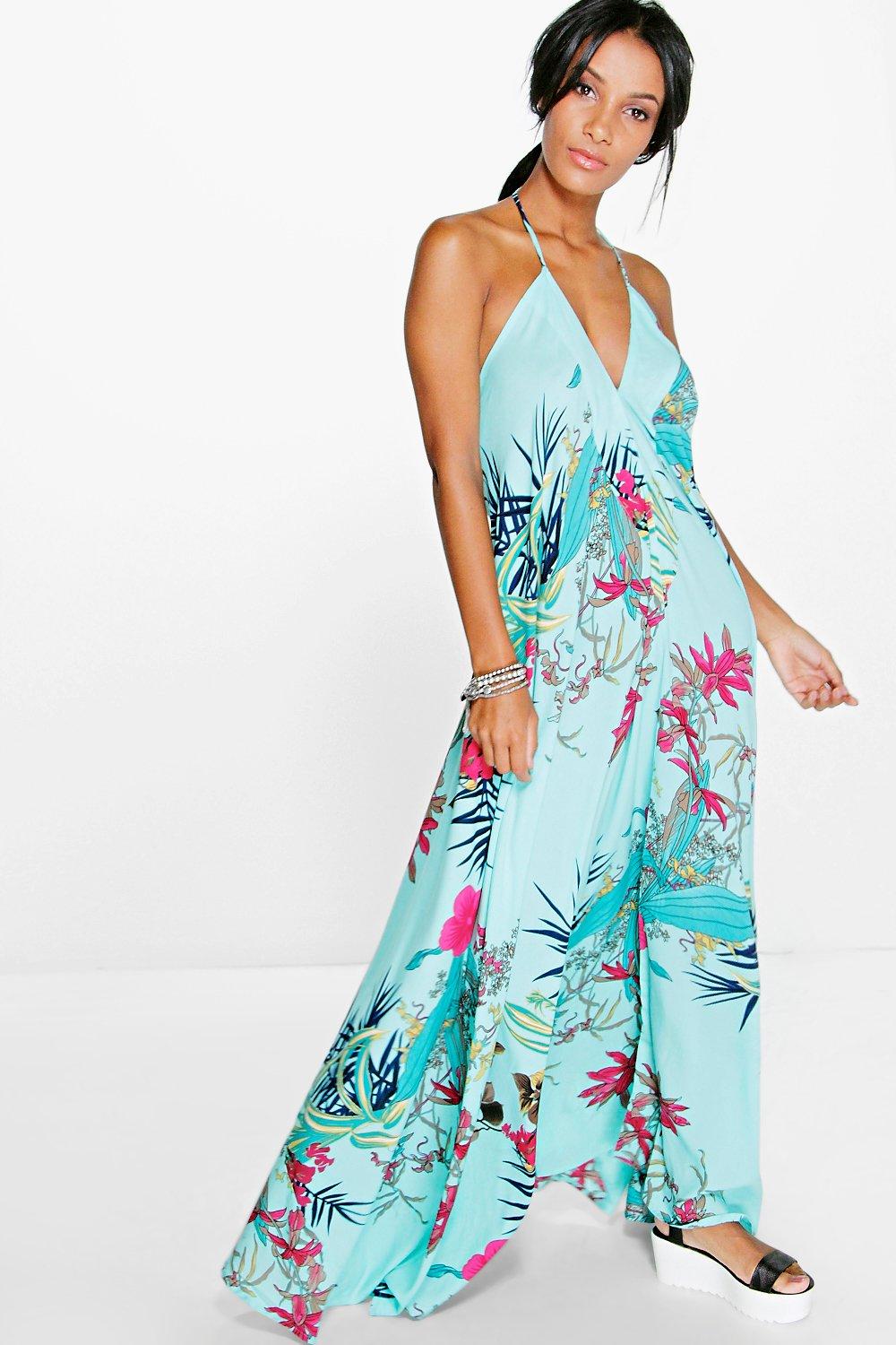 Boohoo Womens Inna Tropical Halter Maxi Dress Ebay 3410