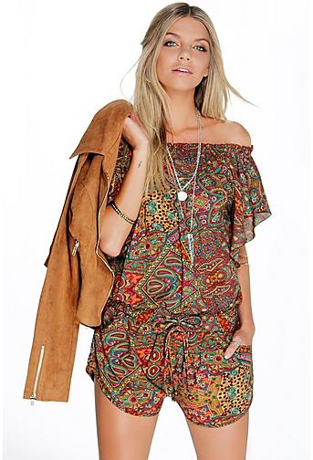 Olivia Off The Shoulder Ruffle Paisley Playsuit