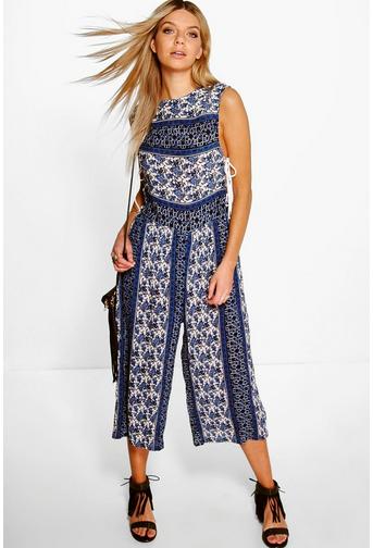 Lottie Blue Paisley Lace Up Side Culotte Jumpsuit