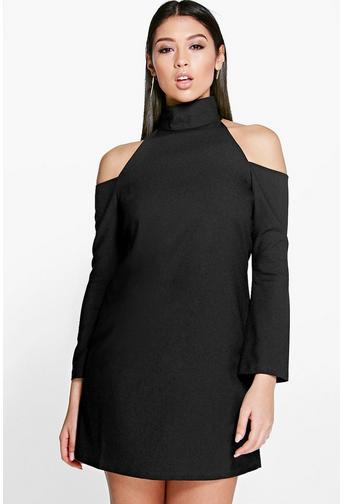 Ali High Neck Cold Shoulder A-Line Shift Dress