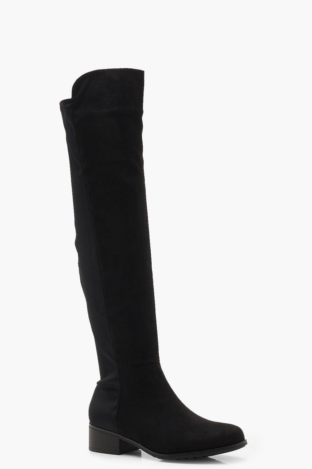 boohoo Womens Elastic Back Flat Over Knee Boots - Black - 3, Black