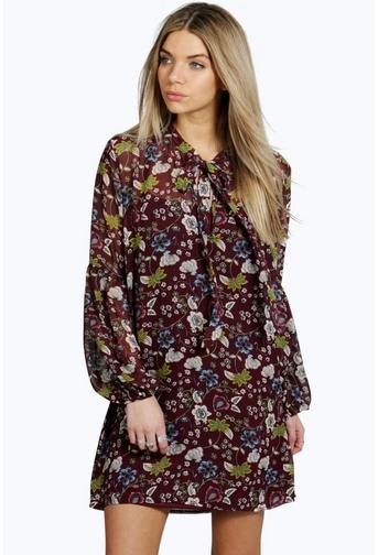 Lara Tie Neck Puff Sleeve Floral Shirt Dress