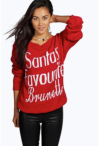 Ruby Santa's Favourite Brunette Slash Neck Christmas Jumper