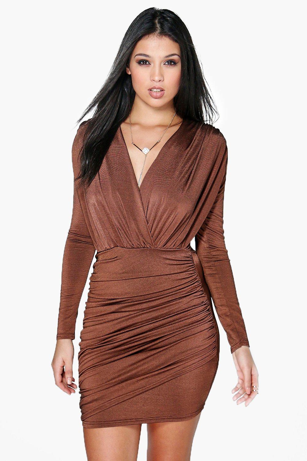 slinky wrap long sleeve bodycon dress