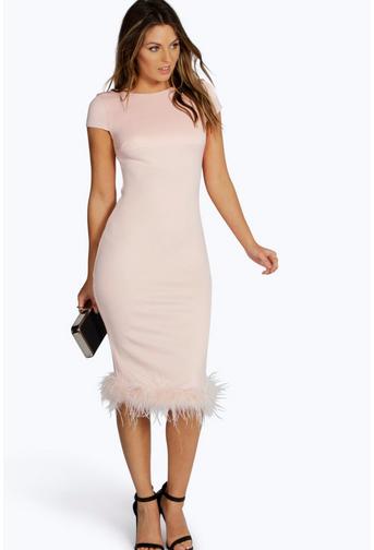 Aalyia Feather Hem Midi Bodycon Dress