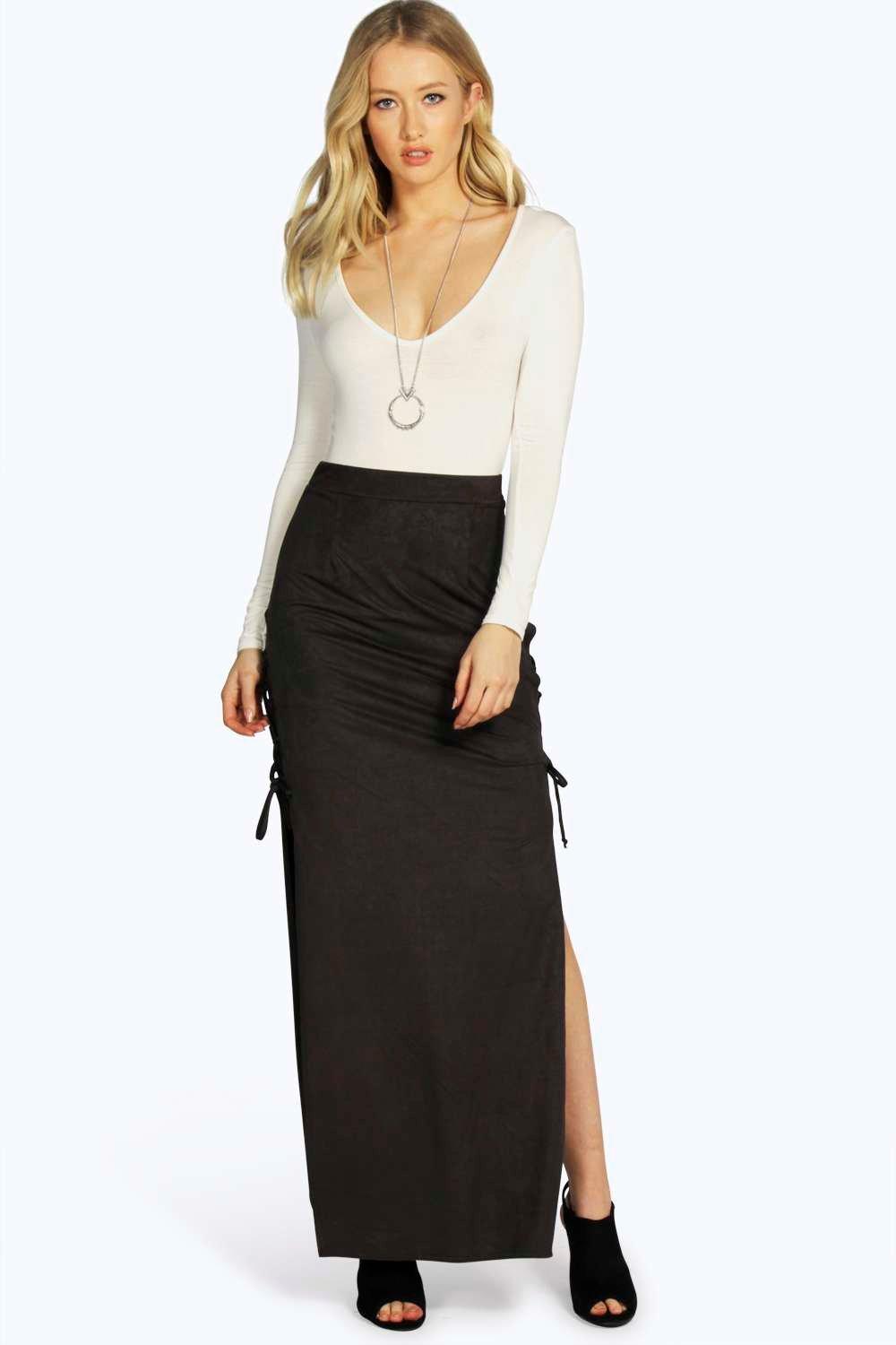 Boohoo Womens Alandria Lace Up Side Suedette Maxi Skirt Ebay 