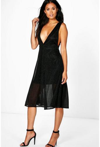 Charline Metallic Plunge Neck Skater Dress