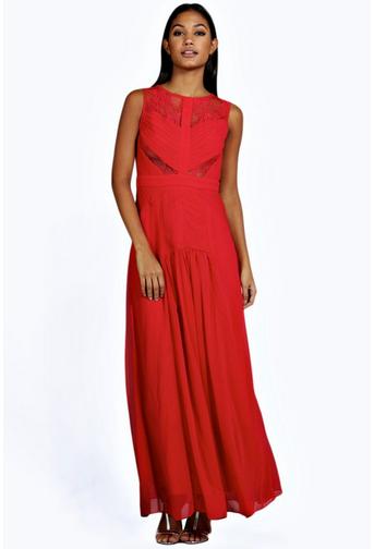 Boutique Cara Ruched And Lace Detail Maxi Dress