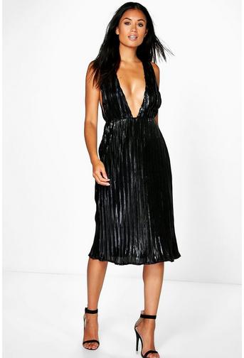 Boutique Misy Metallic Pleated Plunge Midi Dress