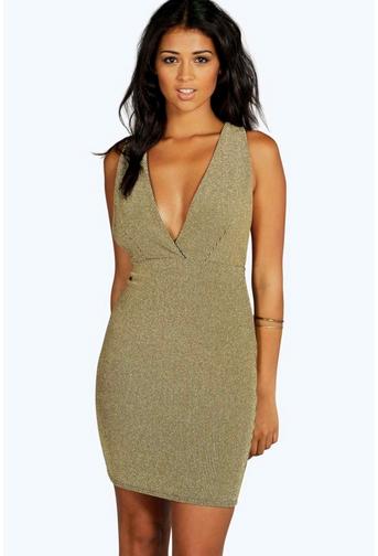 Sarah Metallic Rib Plunge Bodycon Dress