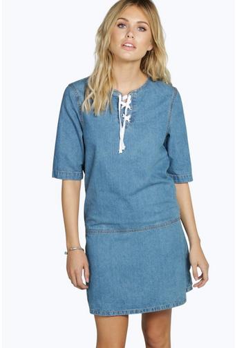 Laura Lace Up Front Tunic Denim Dress