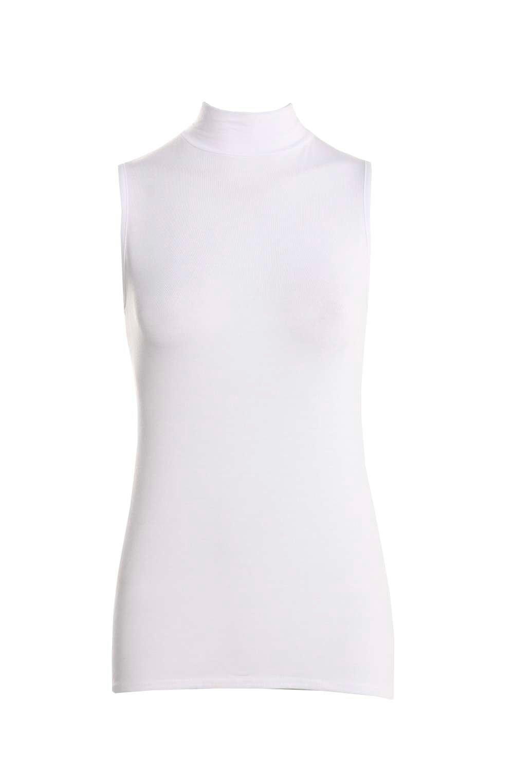 white sleeveless high neck top