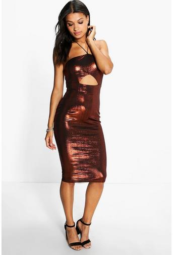 Boutique Elsa Metallic Cut Out Midi Bodycon Dress