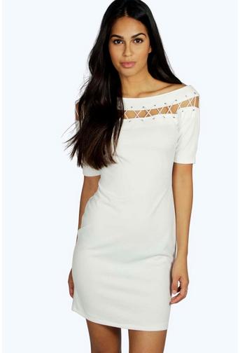 Lily Lace Up Eyelet Off Shoulder Bodycon Dress