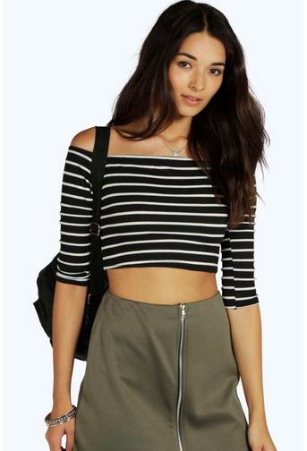 Andrea Striped Off The Shoulder Rib Crop Top