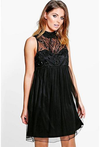 Boutique Aida Beaded High Neck Babydoll Dress