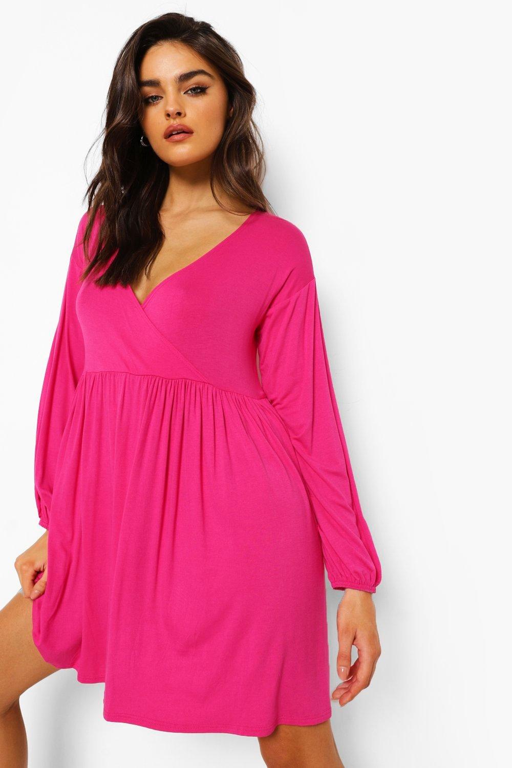 boohoo Womens Balloon Sleeve Wrap Smock Dress - Pink - 14, Pink