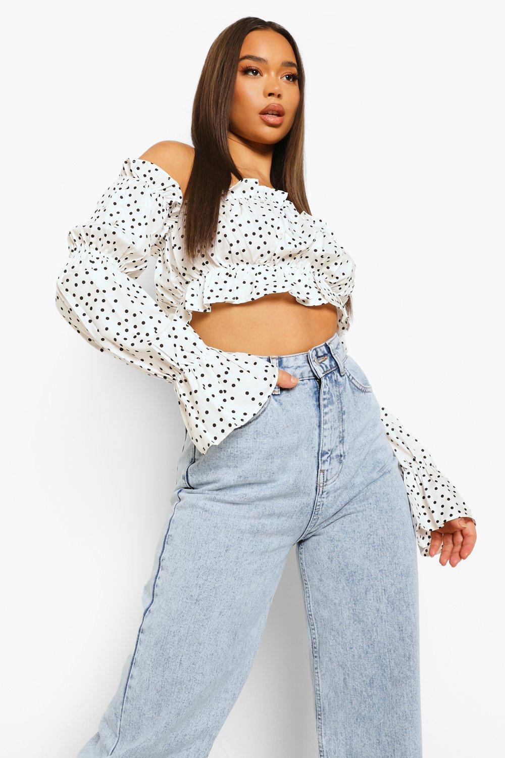 Boohoo Geweven Crop Top Met Stippen En Open Schouders, Ivory