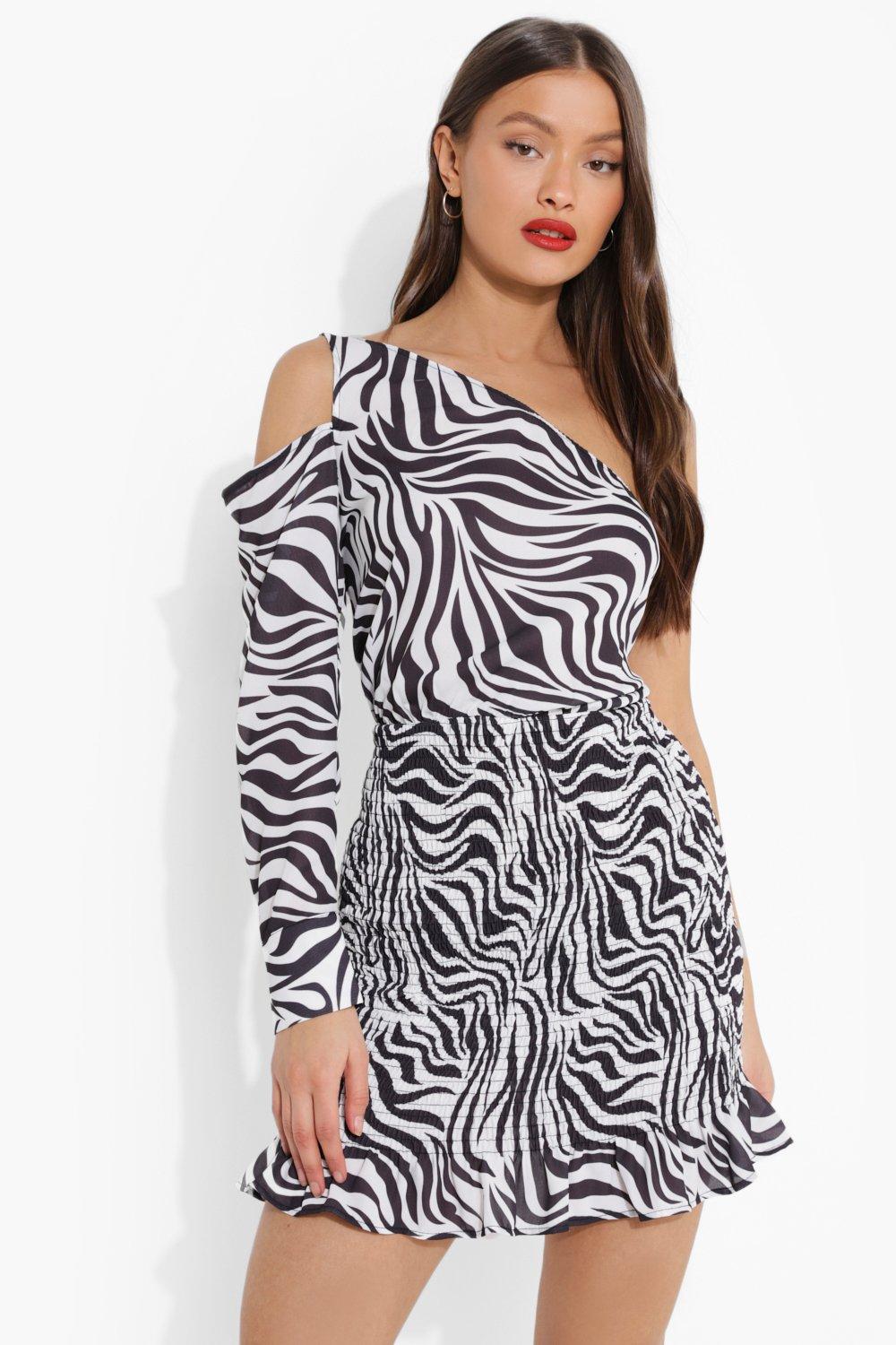 Boohoo Zebra Shirred Asymmetric Mini Dress, Black