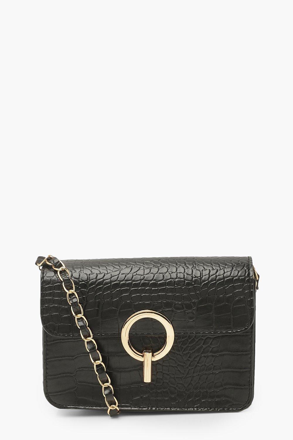 boohoo Womens Croc Leather And Chain Strap Cross Body Bag - Black - One Size, Black
