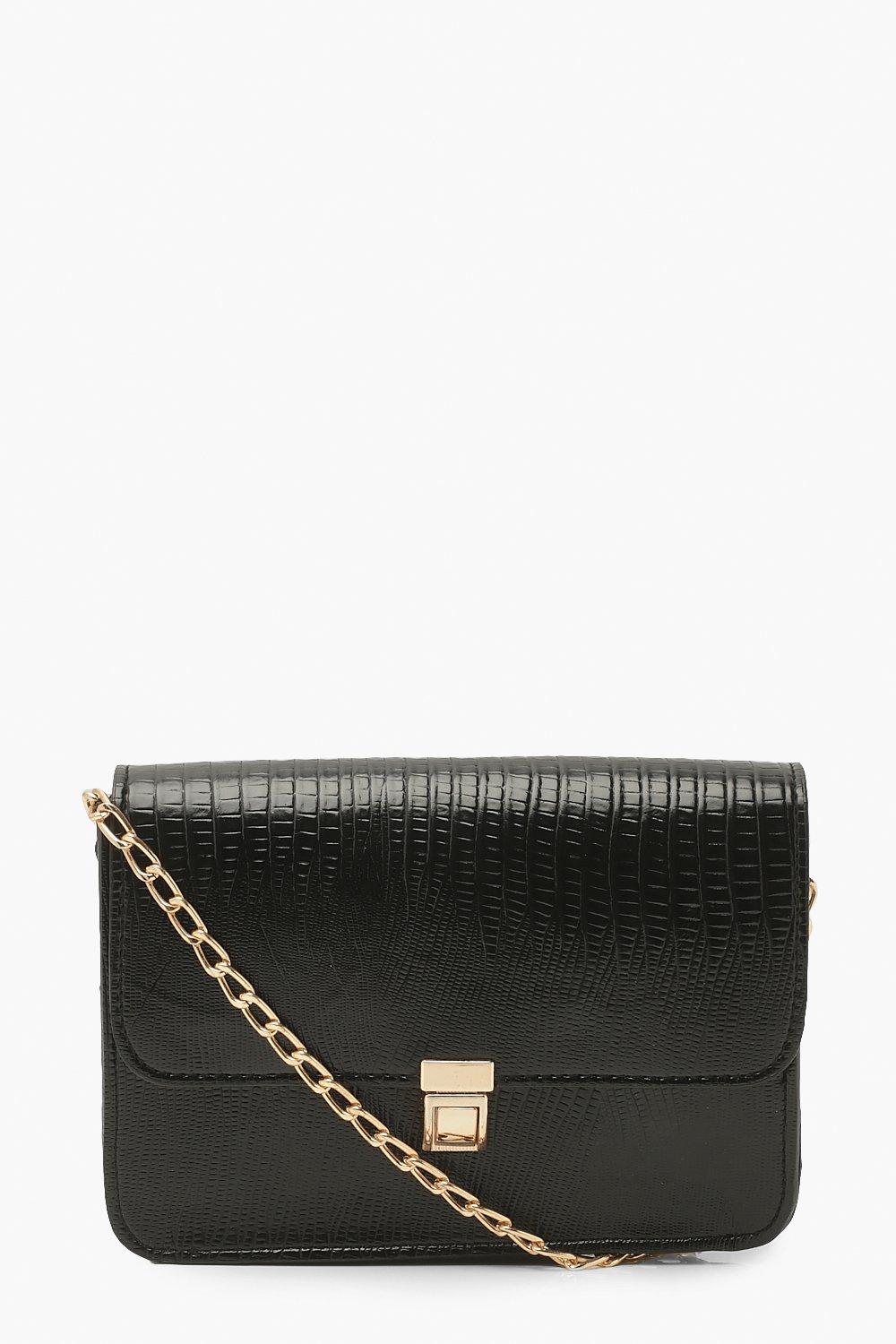 boohoo Womens Pu Lizard Front Lock Cross Body Bag - Black - One Size, Black