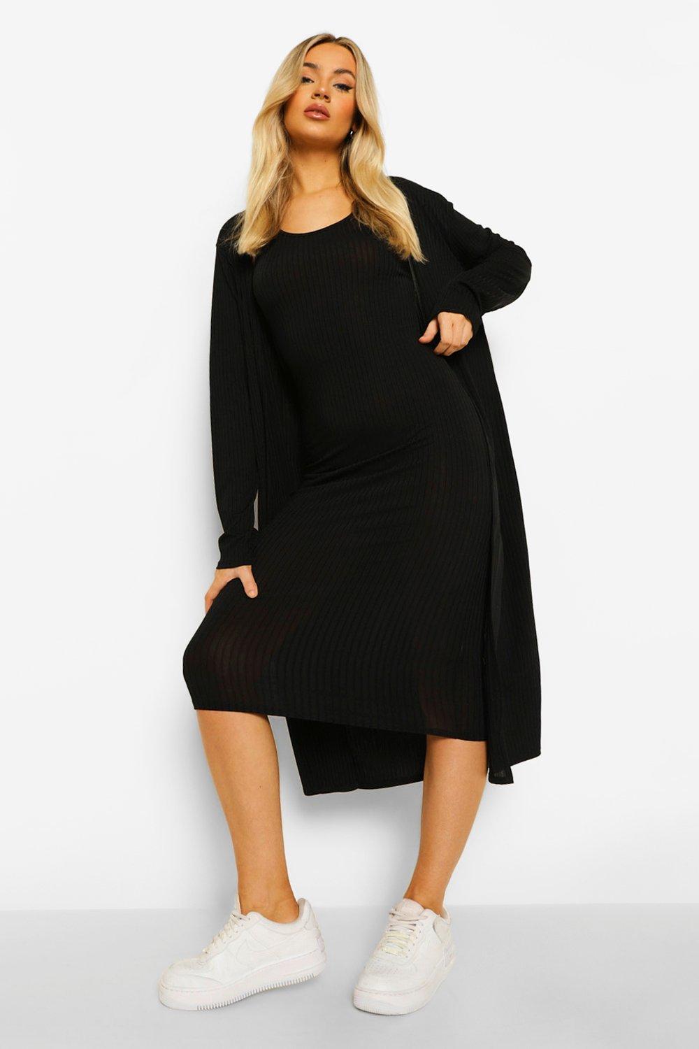 boohoo Womens Rib Midi Dress & Duster - Black - 10, Black