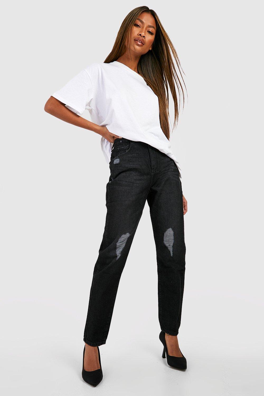 High Waist Slashed Knee Mom Jeans, Black