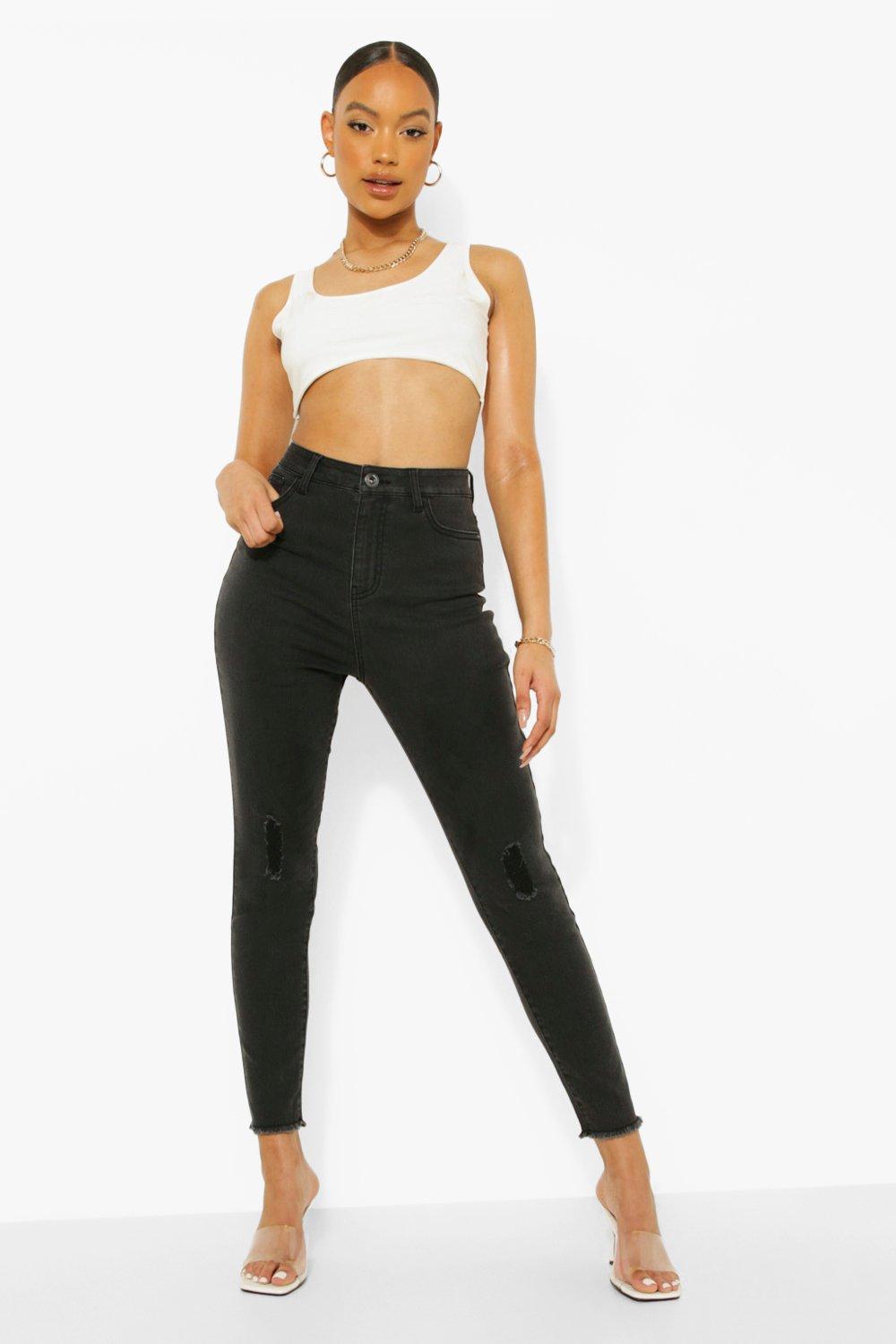 Boohoo Versleten Skinny Jeans Met Hoge Taille En Gerafelde Zoom, Washed Black