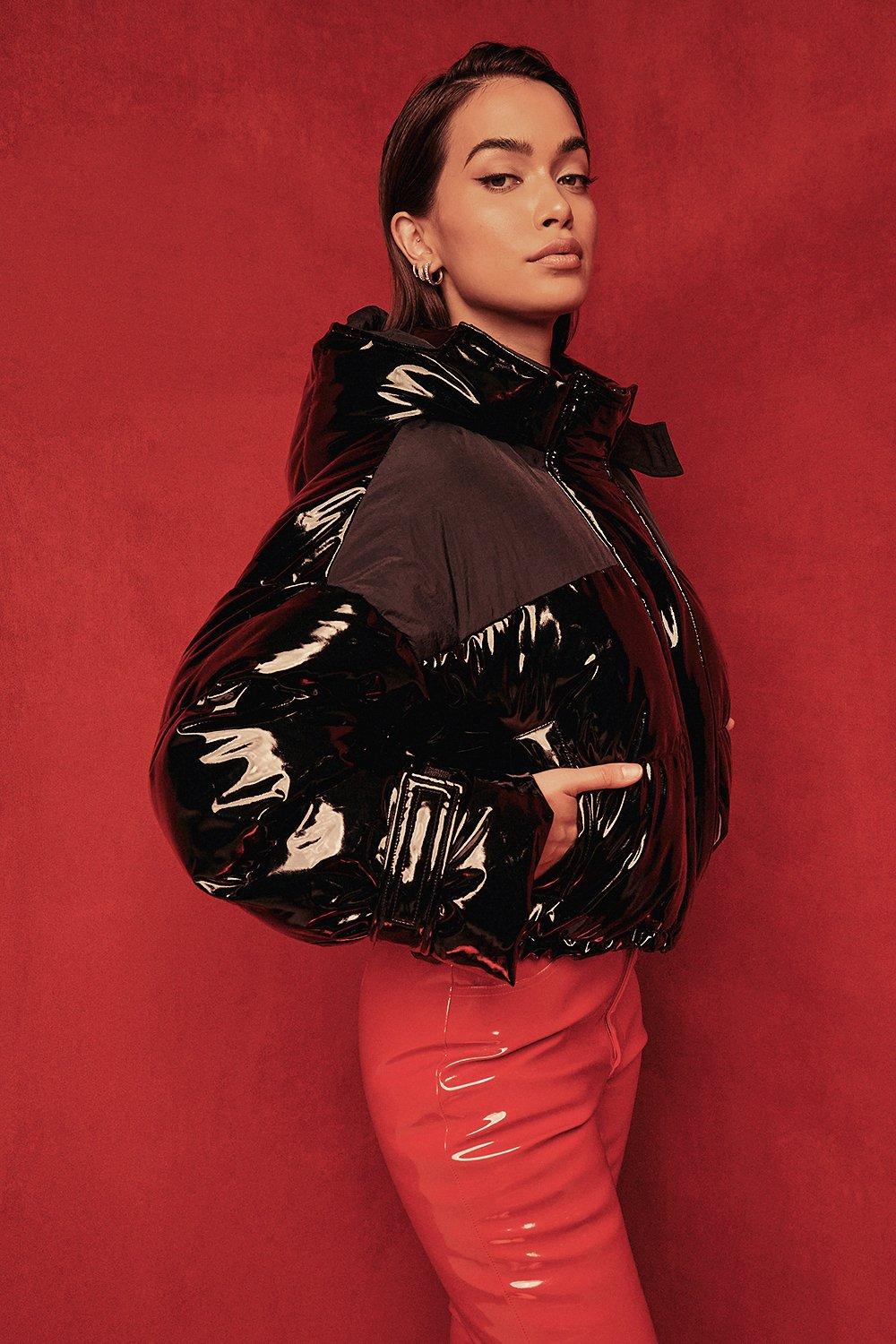 Womens Megan Fox High Shine Oversized Puffer Jacket - Black - 10