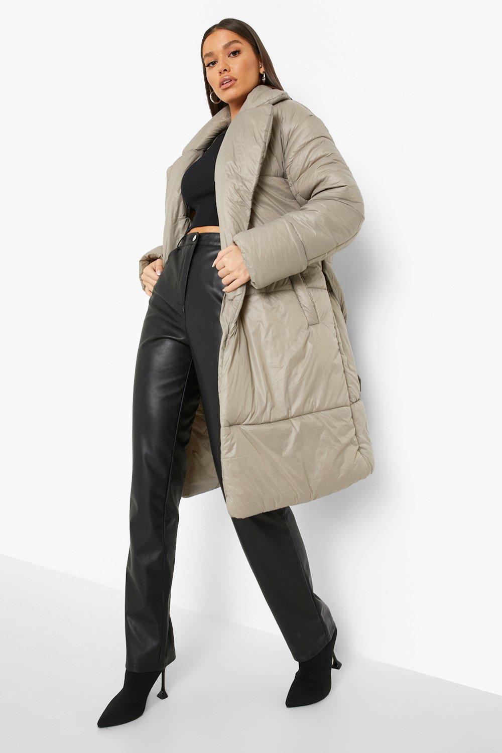 Womens Belted Duvet Puffer Coat - Grey - 10, Grey