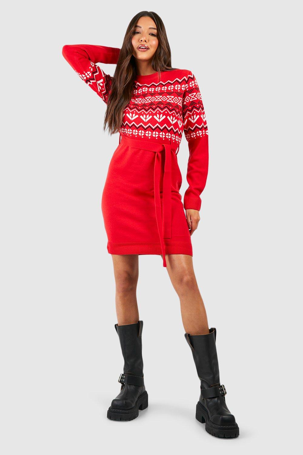 Image of Vestito in maglia natalizio con cintura e motivi Fairisle, Rosso