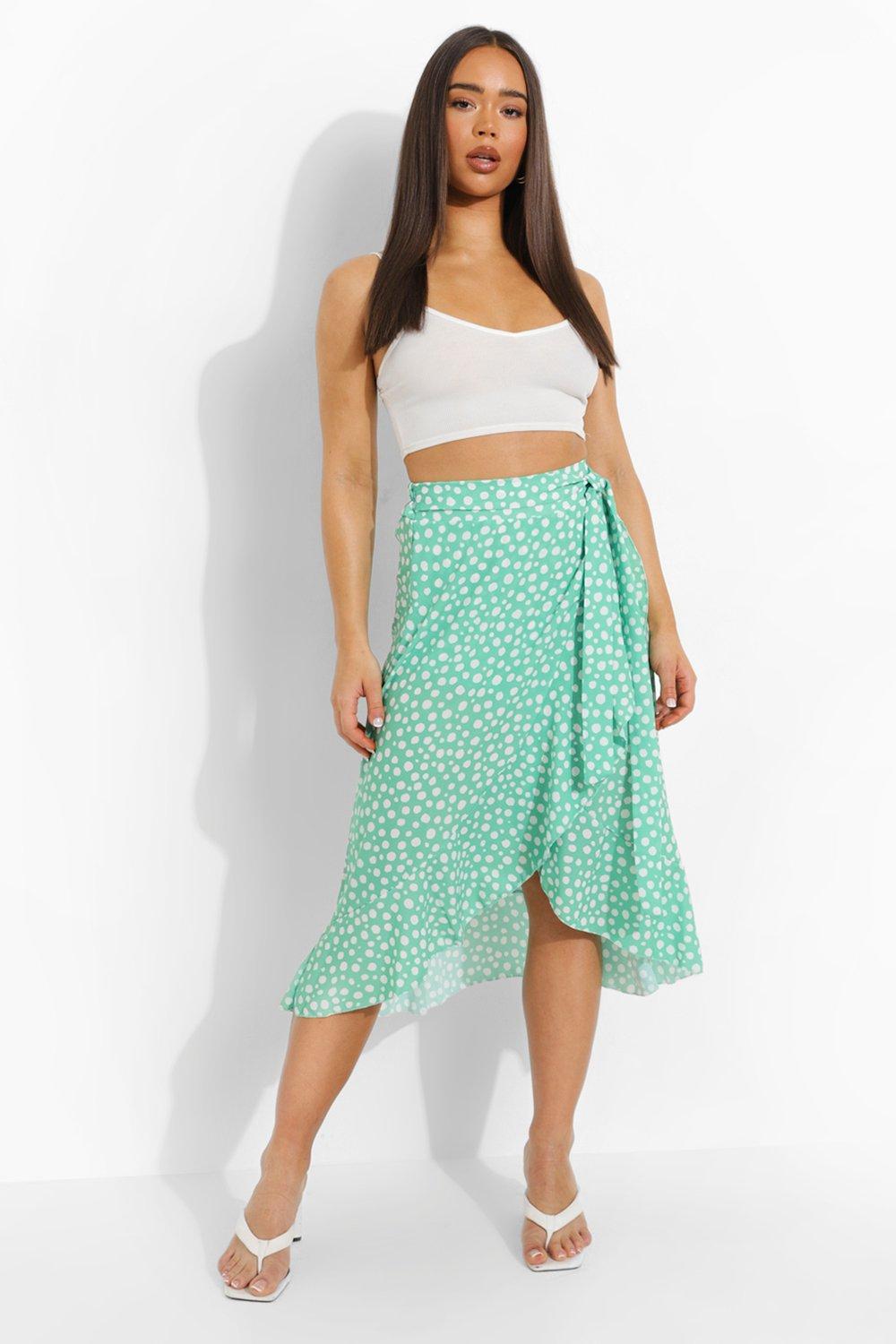 Boohoo Midi Wikkelrok Met Ruches En Stippen, Green