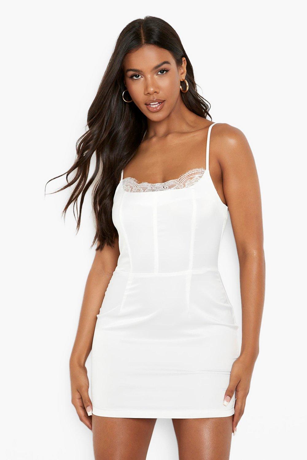 Boohoo Corset Lace Detail Satin Dress, White
