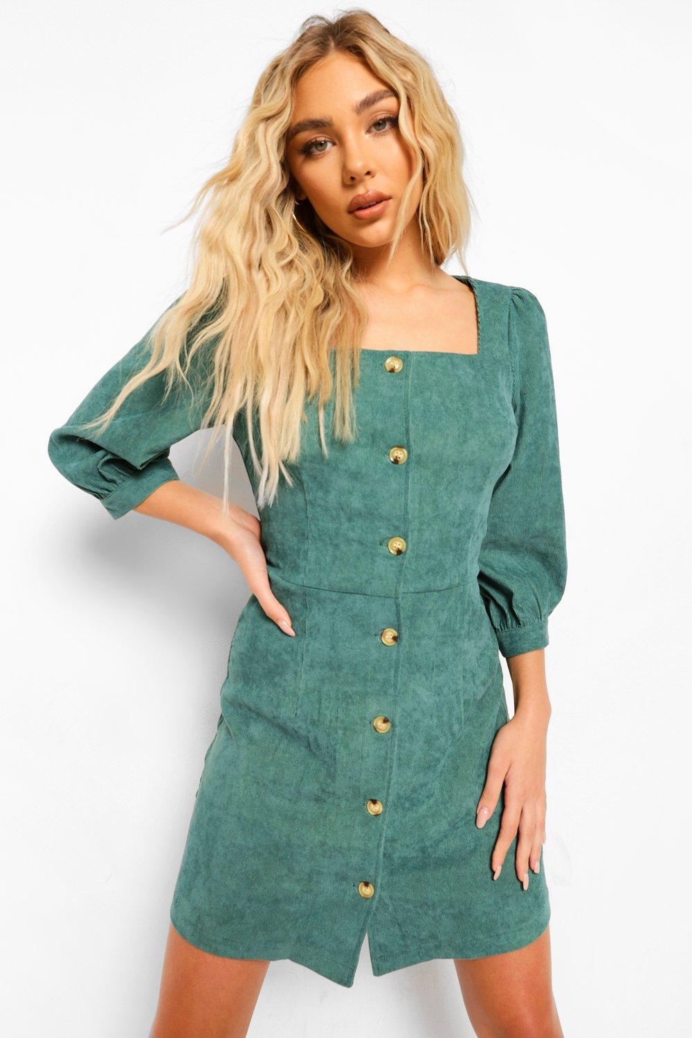 Boohoo Corduroy Spijkerjurk Met Volle Mouwen, Emerald