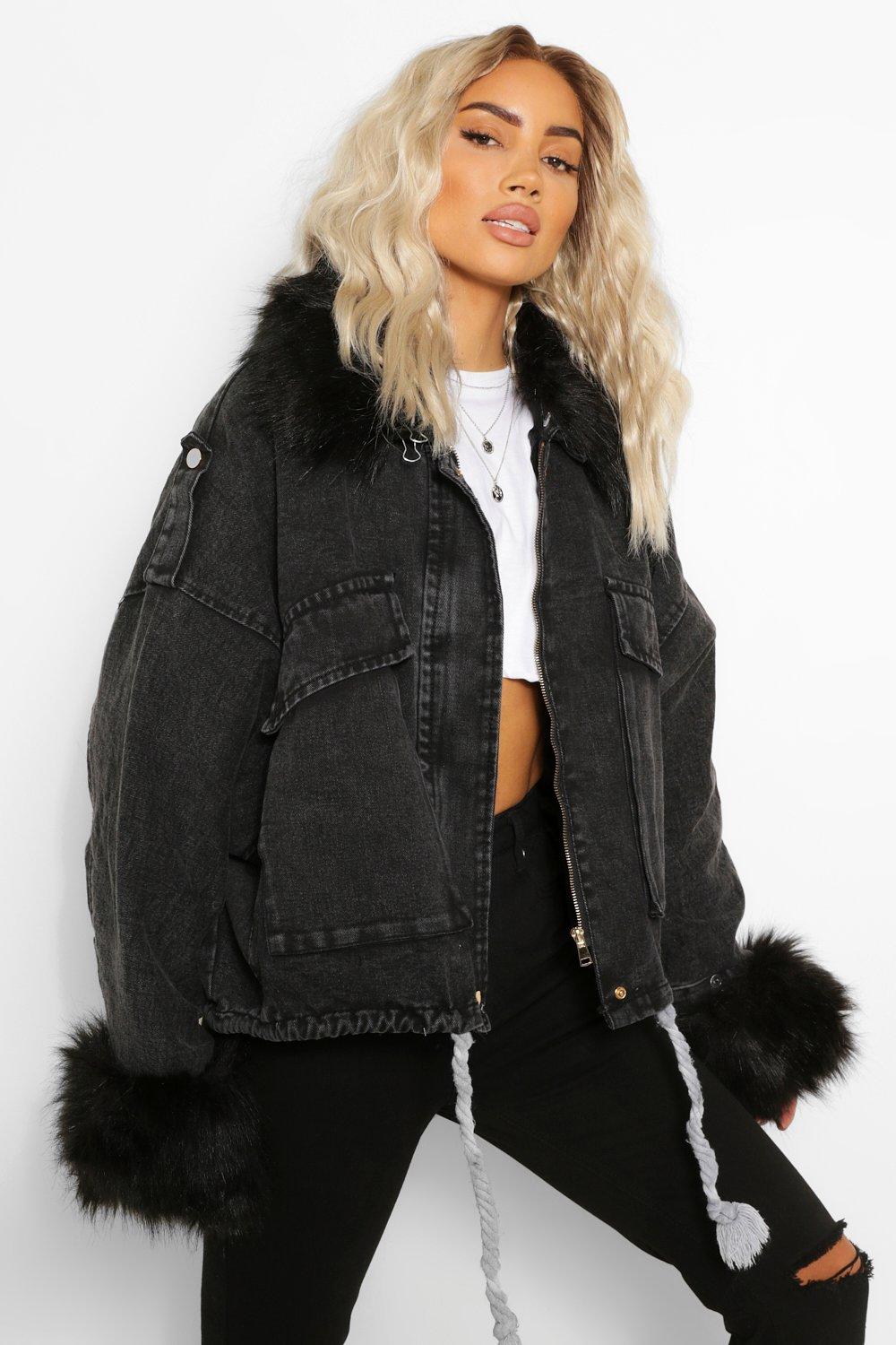 Boohoo Womens Faux Fur Trim Oversized Denim Jacket - Black M/L,