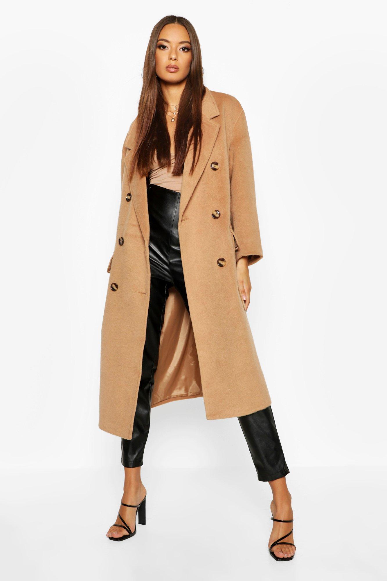 boohoo Womens Brushed Double Breasted Belted Wool Look Coat - Beige - 14, Black,Beige