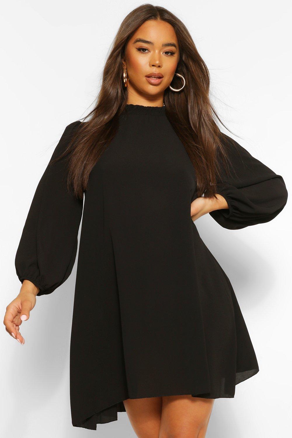 boohoo Womens Sheered Neck Balloon Sleeve Smock Dress - Black - 8, Black