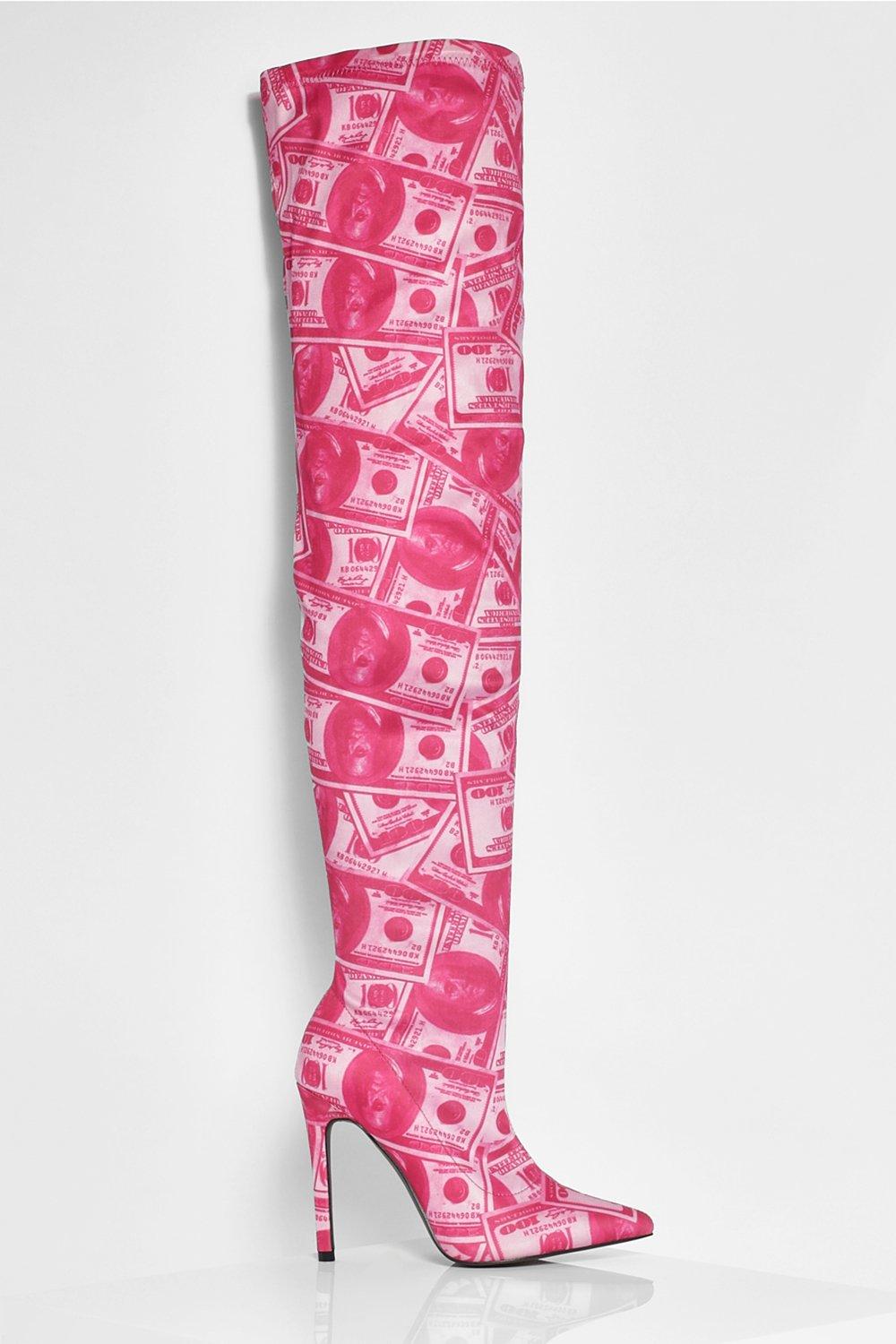 boohoo Womens Halloween Money Print Over The Knee Boots - Pink - 3, Pink