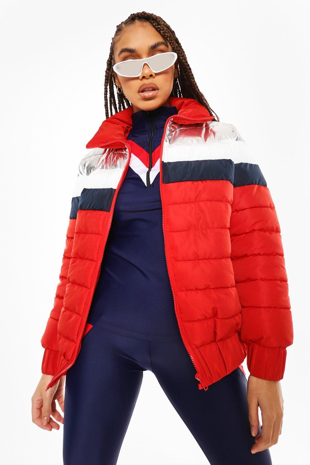 boohoo Womens Colourblock Funnel Neck Apres Ski Jacket - Red - 10, Red