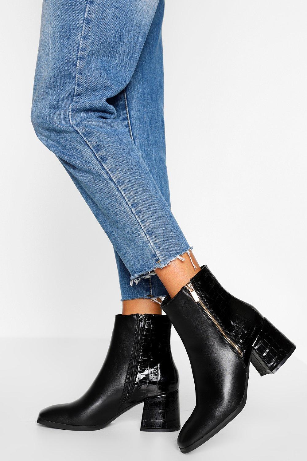 boohoo Womens Croc Panel Square Toe Shoe Boots - Black - 5, Black