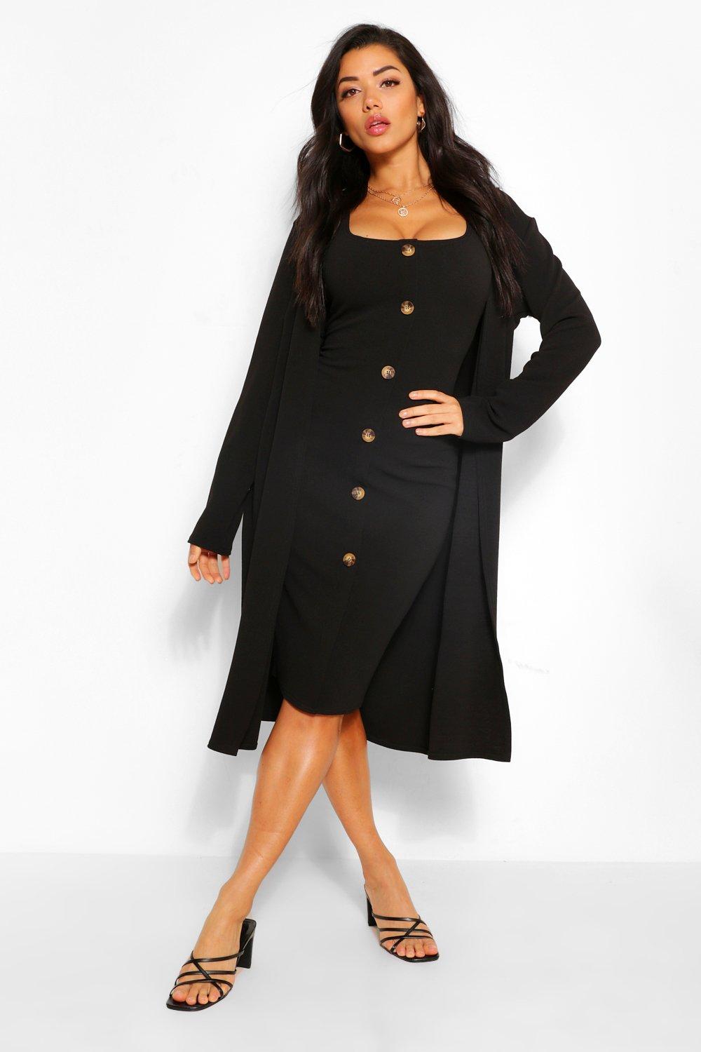 boohoo Womens Collarless Duster And Button Through Midi Dress Set - Black - 8, Black