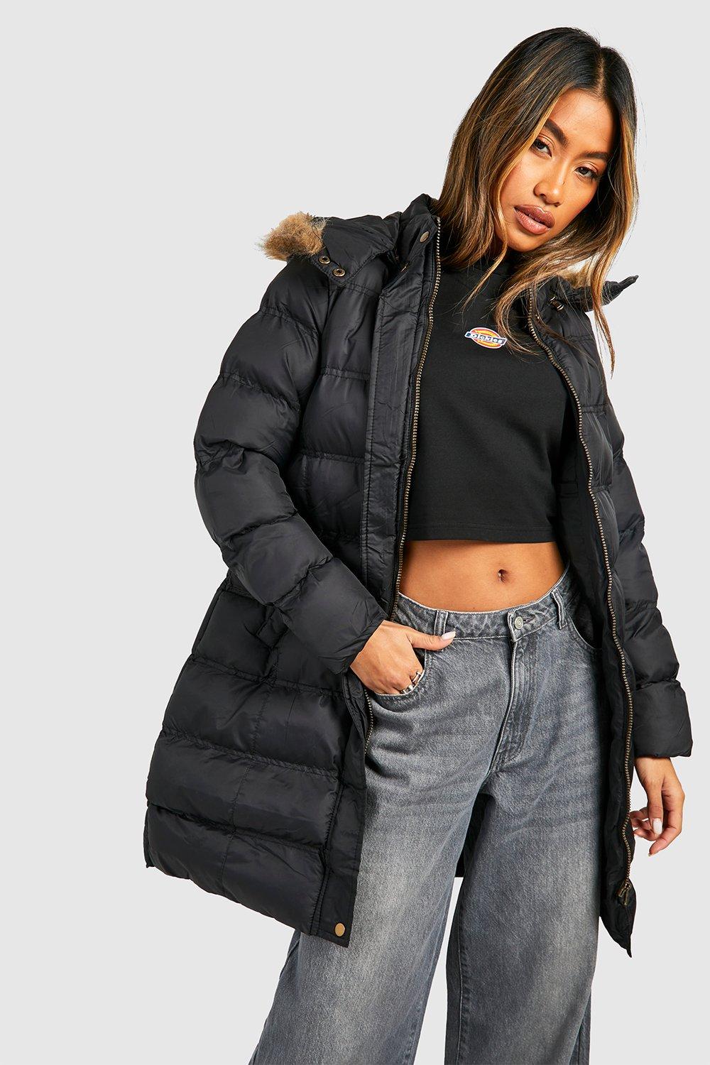boohoo Womens Longline Padded Faux Fur Hooded Jacket - Black - 10, Black