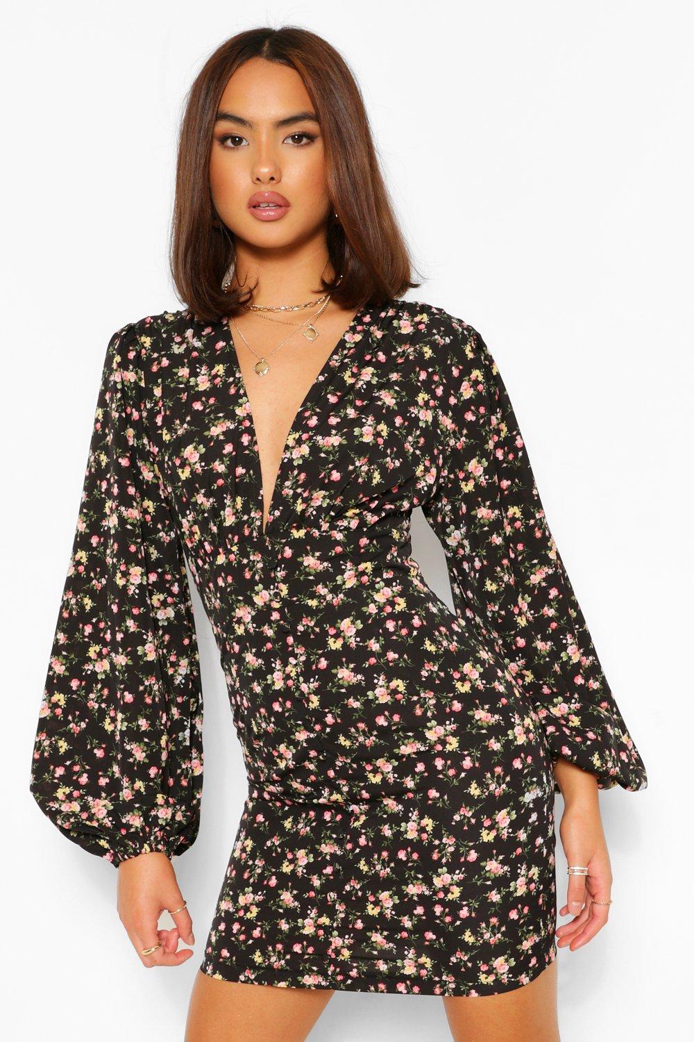 boohoo Womens Floral Plunge Balloon Sleeve Mini Dress - Black - 10, Black