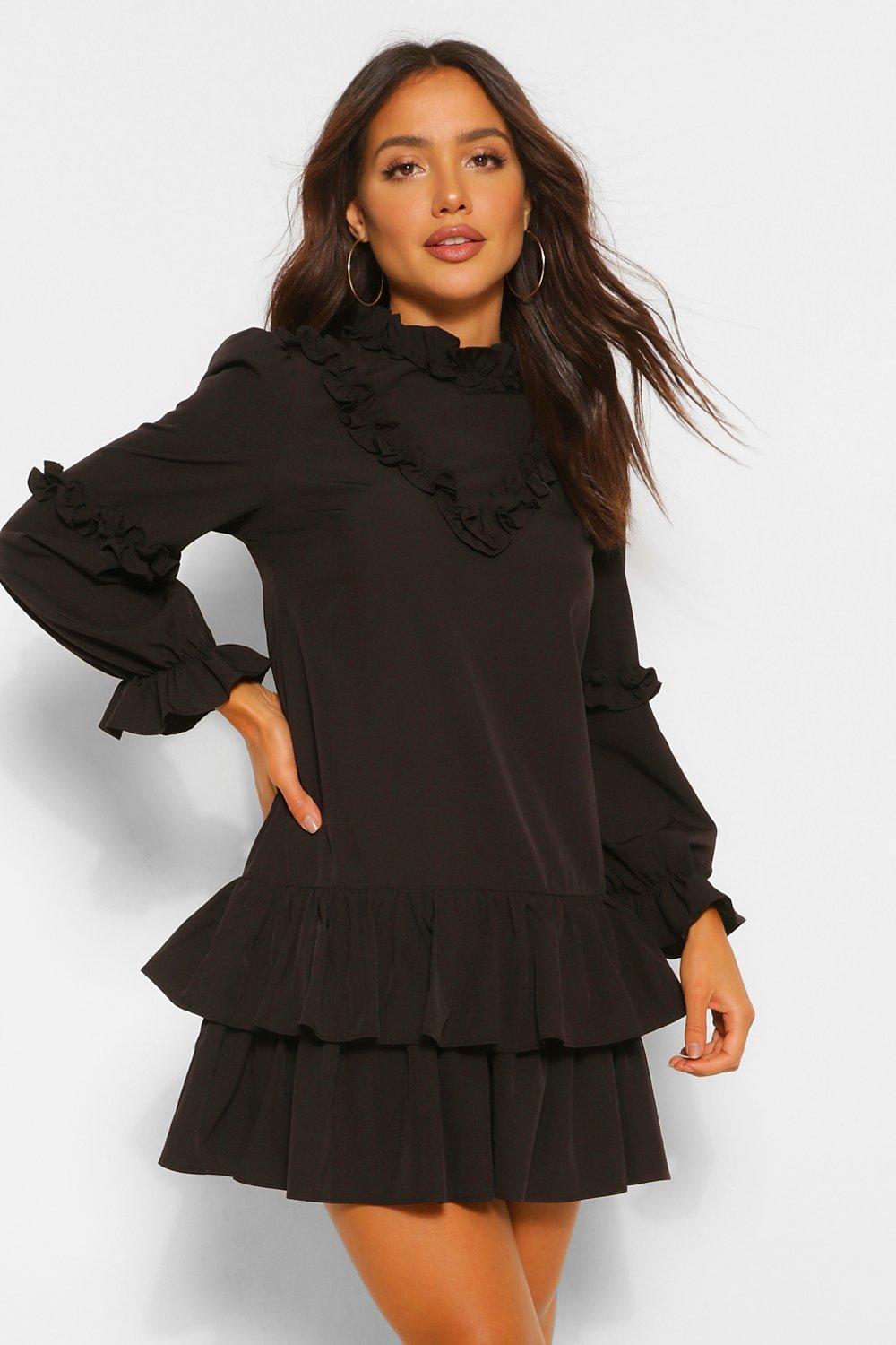 boohoo Womens Balloon Sleeve Double Frill Hem Shift Dress - Black - 14, Black
