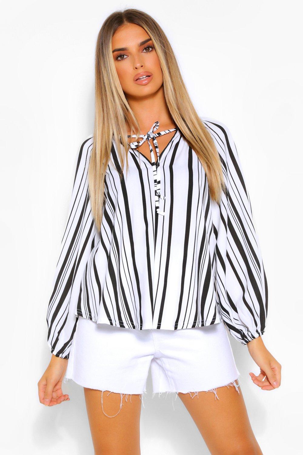 boohoo Womens Striped Linen Balloon Sleeve Top - Black - 8, Black